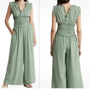Max Studio Smocked Coquette Green Jumpsuit Cottagecore Boho Sz L
